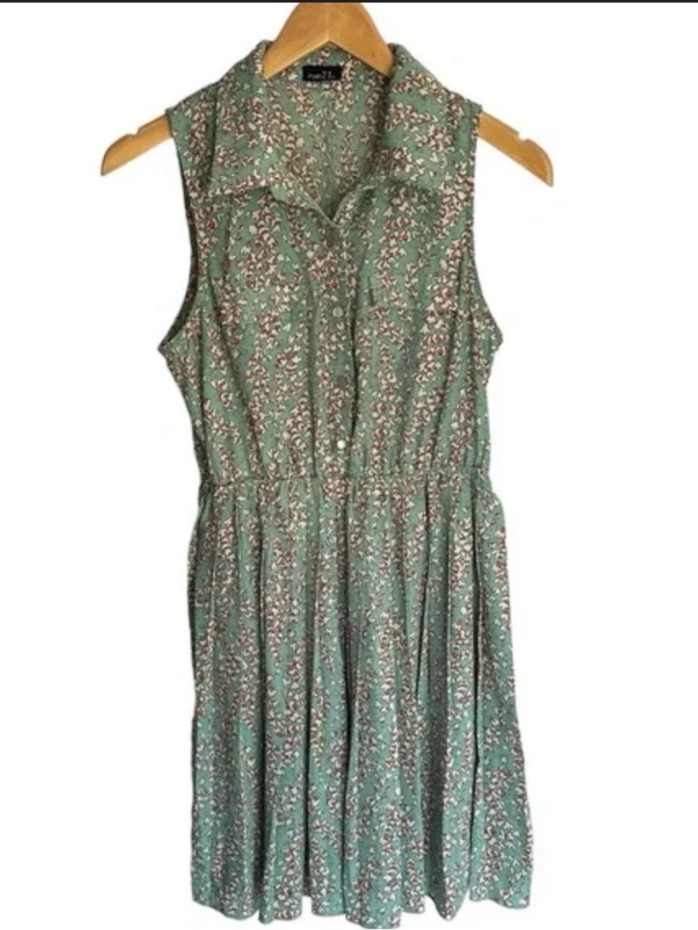 Sleeveless Floral Shirt Dress - Green